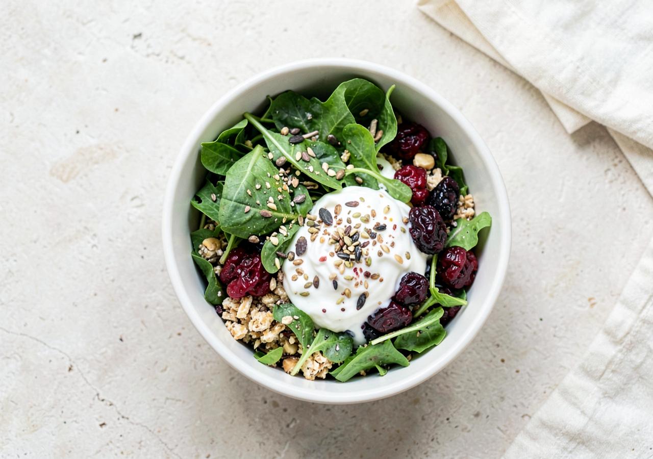 High-fibre bowl of greens, berries, yoghurt and seeds