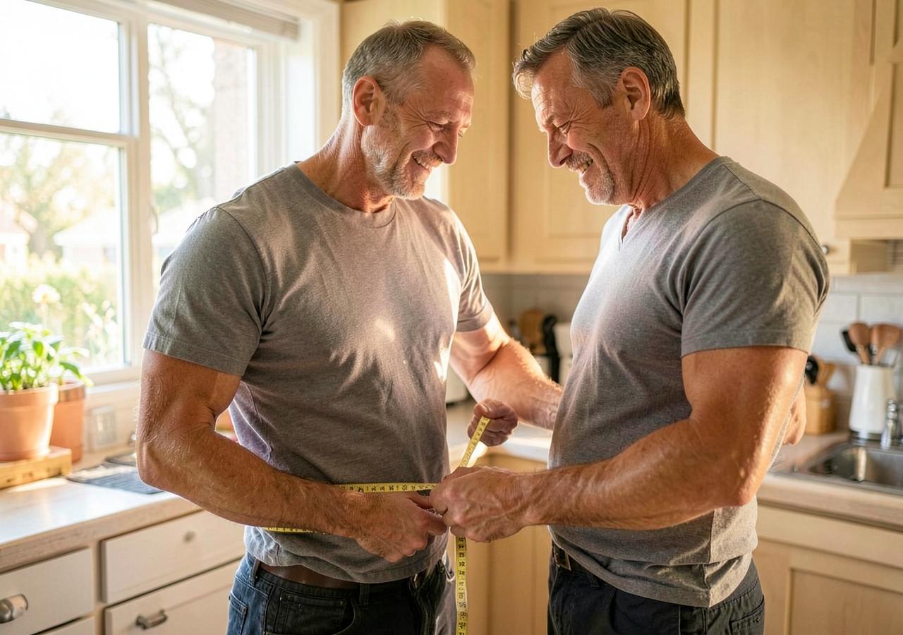Man measuring his waist at home after weight loss progress